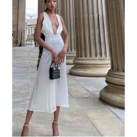 Silk Maison Washable Silk Plunging V-Neck High Slit Maxi MIDI Dress Cream XS New - Picture 1 of 15